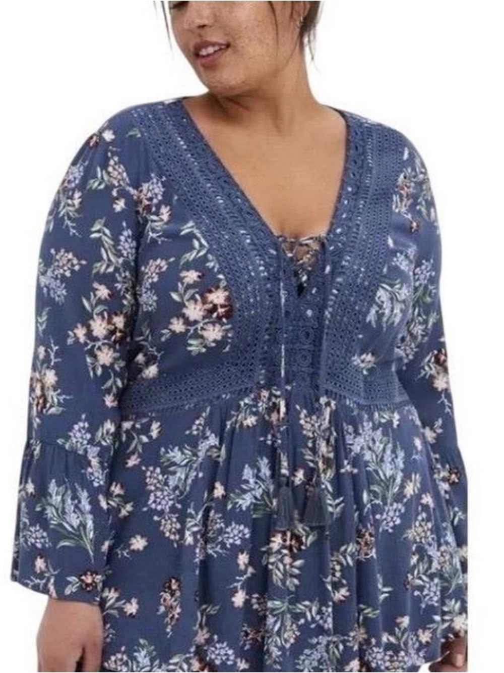 torrid Navy Floral Lace-Trim Peasant Tunic